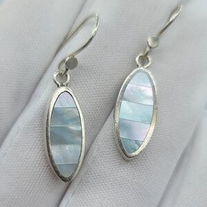 Oval Iridescent Seashell Inlay Silver Drop Earrings #1223